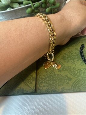 Gucci Gold Cuban Link Bracelet with Heart and Tag Charms
